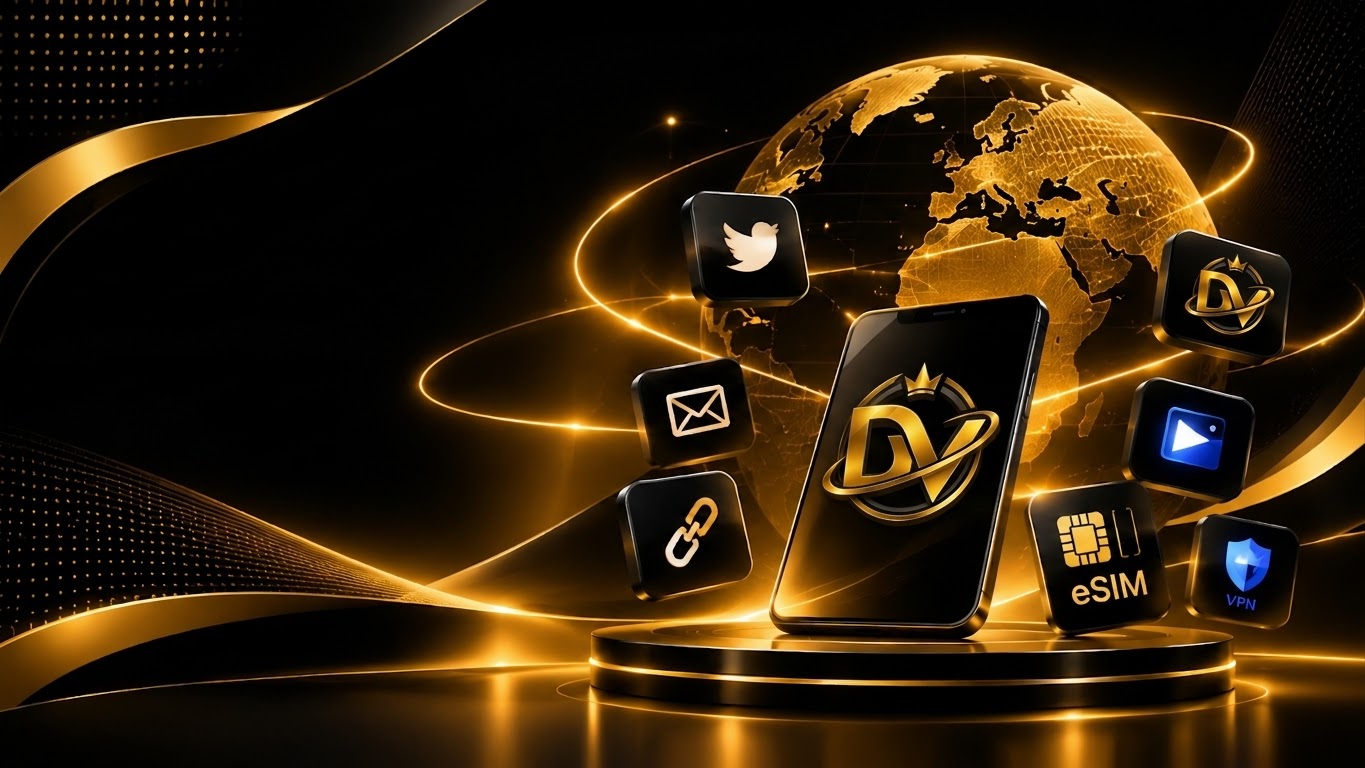 Digital marketplace illustration featuring virtual numbers, eSIM, streaming and VPN services